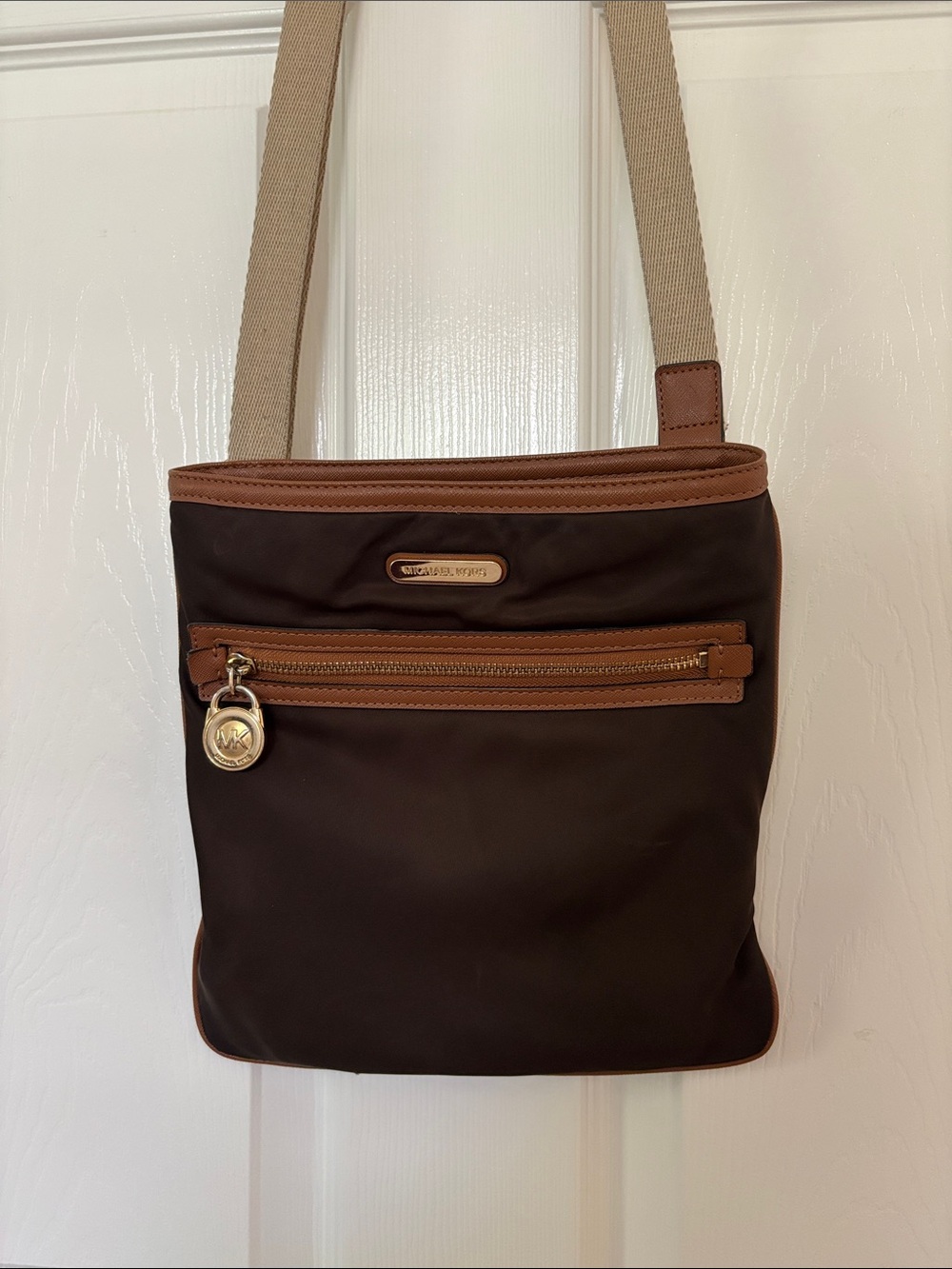 Crossbody Bag in  Dark Brown with Tan Trim